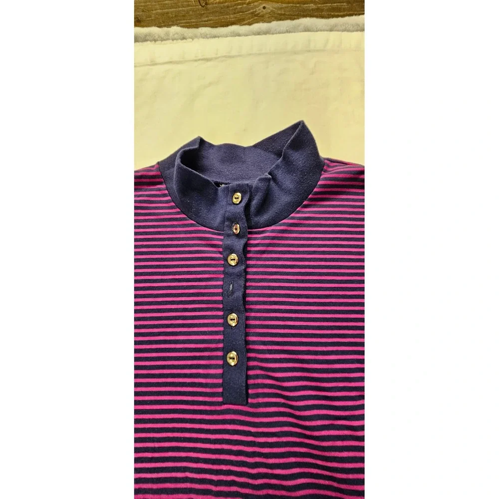 Vtg. Carriage Court Mens L Striped Henley Shirt Purple Navy Long Sleeve USA Made